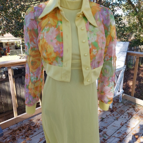 70s Handmade Maxi Dress Yellow Keyhole Back Floral Sheer Collared Top Size 3 - Picture 4 of 12